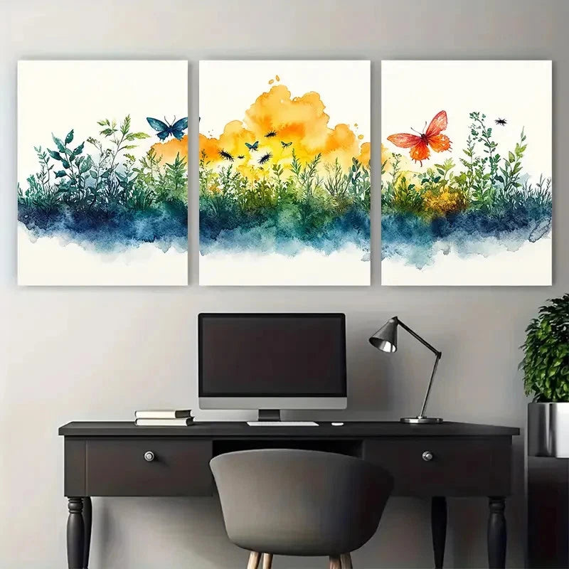 3pcs Watercolour Eco System Insects Emerging Wall Art Set Canvas Framed 50x70cm - High Quality Print 100% Australian Made Wall Canvas Ready to Hang