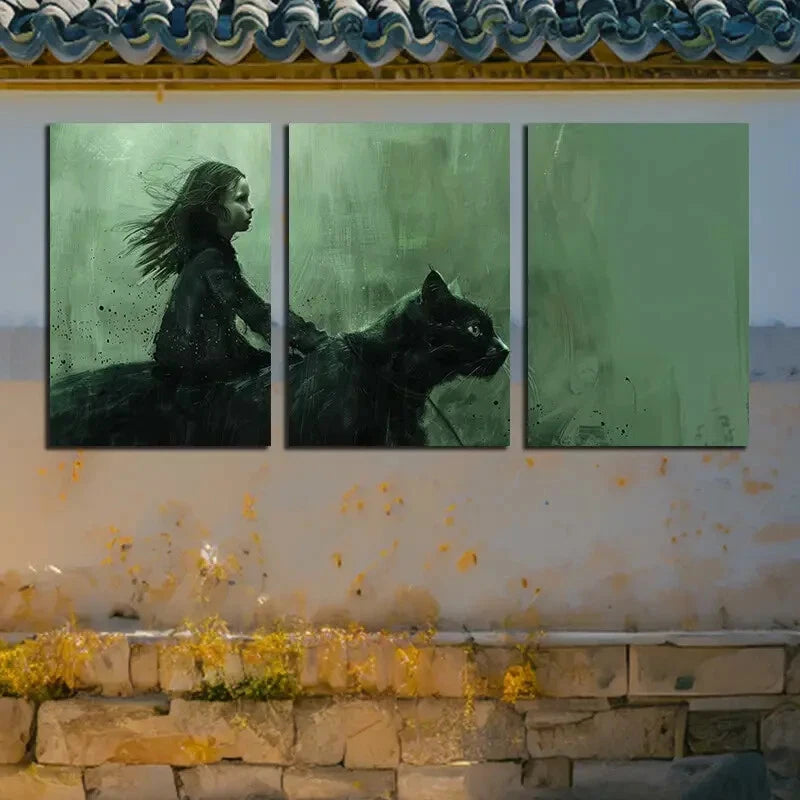 3pcs Girls and Cats Dark Theme Illustration Metal Print Ready to Hang Art - Bella Home Decor