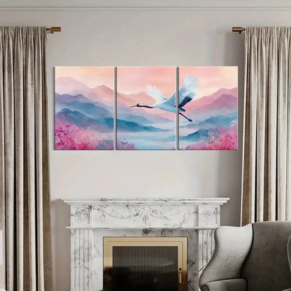3pcs Crane Flight Over Serene Mountains Metal Print Ready to Hang Art - Bella Home Decor