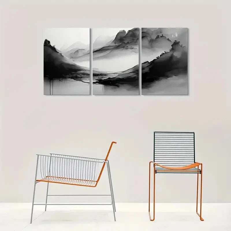3pcs Abstract Black & White Landscape Metal Print Ready to Hang Art - Bella Home Decor