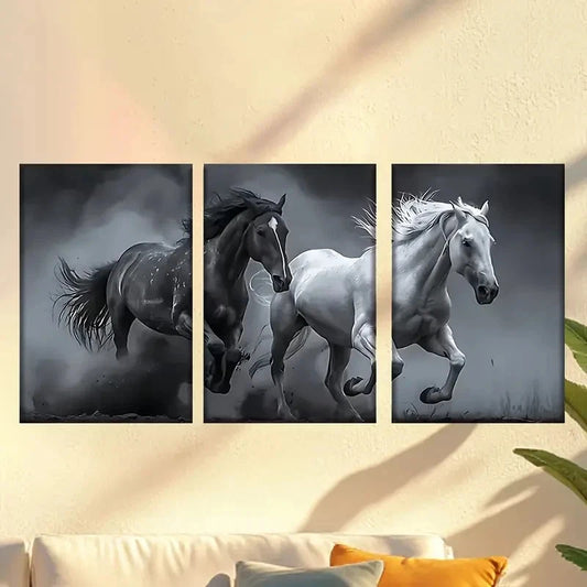 3pcs Classic Style, Two Horses Running in Fog Wall Art Set Canvas Framed 50x70cm - High Quality Print 100% Australian Made Wall Canvas Ready to Hang