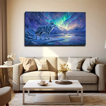 Arctic Wolf & Northern Lights Wall Art Canvas Office Home Room Framed 120x60cm