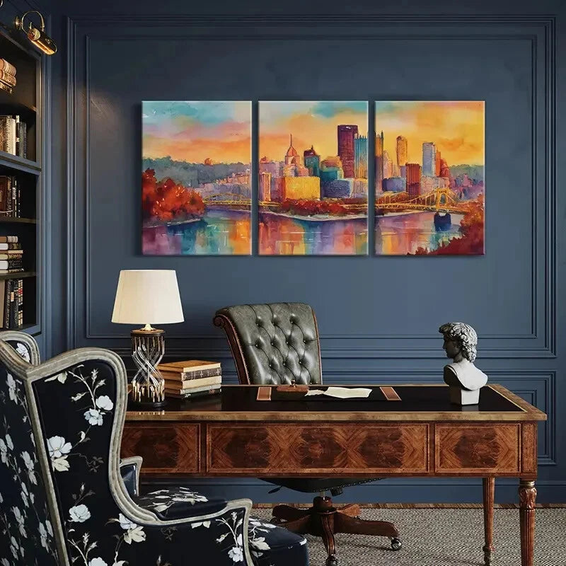 3pcs Watercolor Style Cityscape Bridge Over River Metal Print Ready to Hang Art - Bella Home Decor