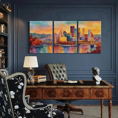 3pcs Watercolor Style Cityscape Bridge Over River Metal Print Ready to Hang Art - Bella Home Decor