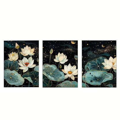 3pcs Night Blooming Lotus Flowers Dream Wall Art Set Canvas Framed 60x90cm - High Quality Print 100% Australian Made Wall Canvas Ready to Hang