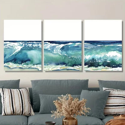 3pcs Blue Abstract Wave Metal Print Ready to Hang Art - Bella Home Decor