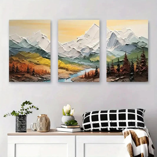 3pcs Scenic Mountain River & Forest Oil Painting Metal Print Ready to Hang Art