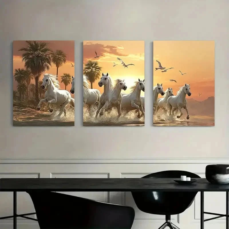 3pcs White Horses Running in Desert Sunset Metal Print Ready to Hang Art - Bella Home Decor