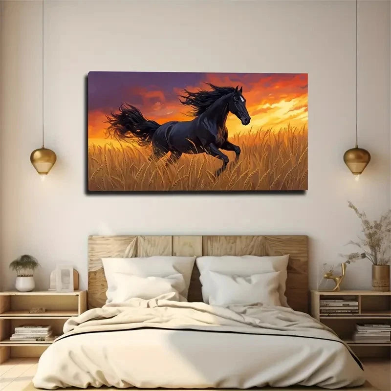 Majestic Black Horse Golden Wall Art Canvas Office Home Room Framed 120x60cm