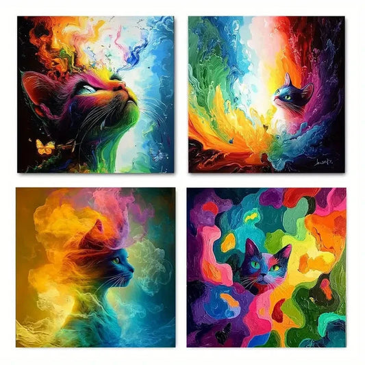4pcs Feline Paintings with Dynamic Swirling Wall Art Canvas Framed