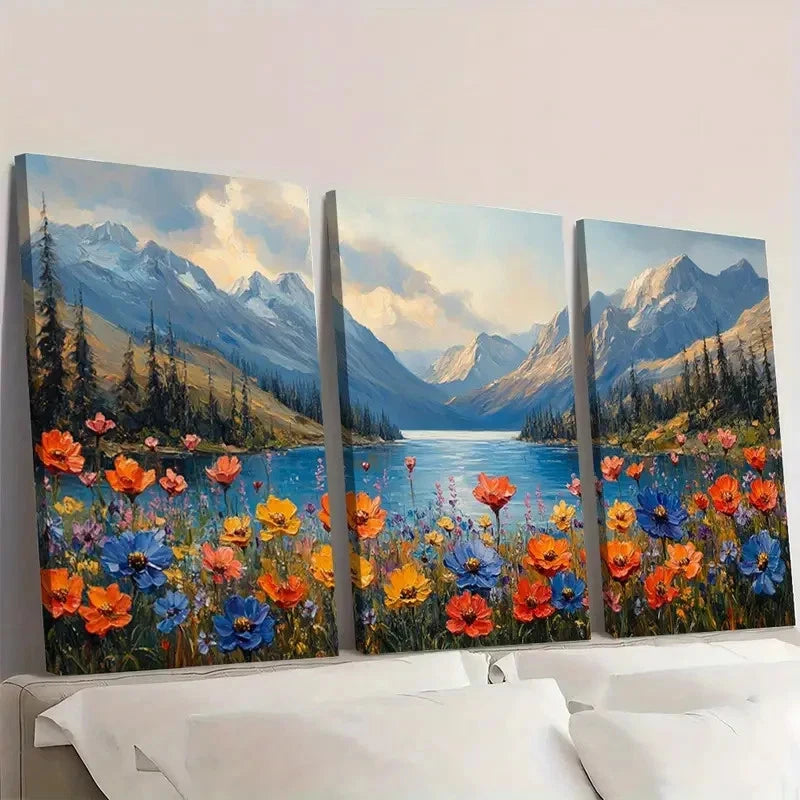 3pcs Natural Lake View Wildflower  EQ       Wall Art Set Canvas Framed 50x70cm - High Quality Print 100% Australian Made Wall Canvas Ready to Hang