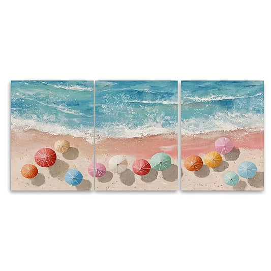 3pcs Aerial Beach View with Umbrellas Metal Print Ready to Hang Art