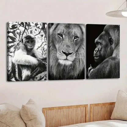 3pcs Vintage Black Animal Monkey Lion & Gorilla Wall Art Set Canvas Unframed - High Quality Print 100% Australian Made Wall Canvas