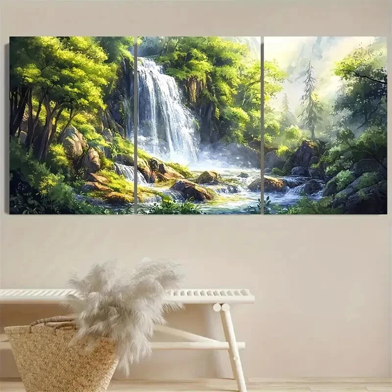 3pcs Enchanting Forest Waterfall Nature Scene Metal Print Ready to Hang Art - Bella Home Decor