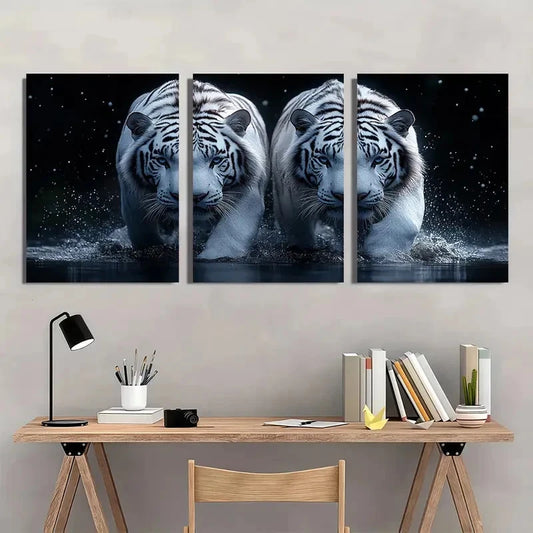 3pcs White Tiger Black Backg Flatwall WT Wall Art Set Canvas Framed 60x90cm - High Quality Print 100% Australian Made Wall Canvas Ready to Hang