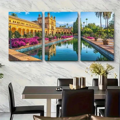 3pcs Vibrant Floral Architectural Scene Perfect Wall Art Set Canvas Framed 50x70cm - High Quality Print 100% Australian Made Wall Canvas Ready to Hang