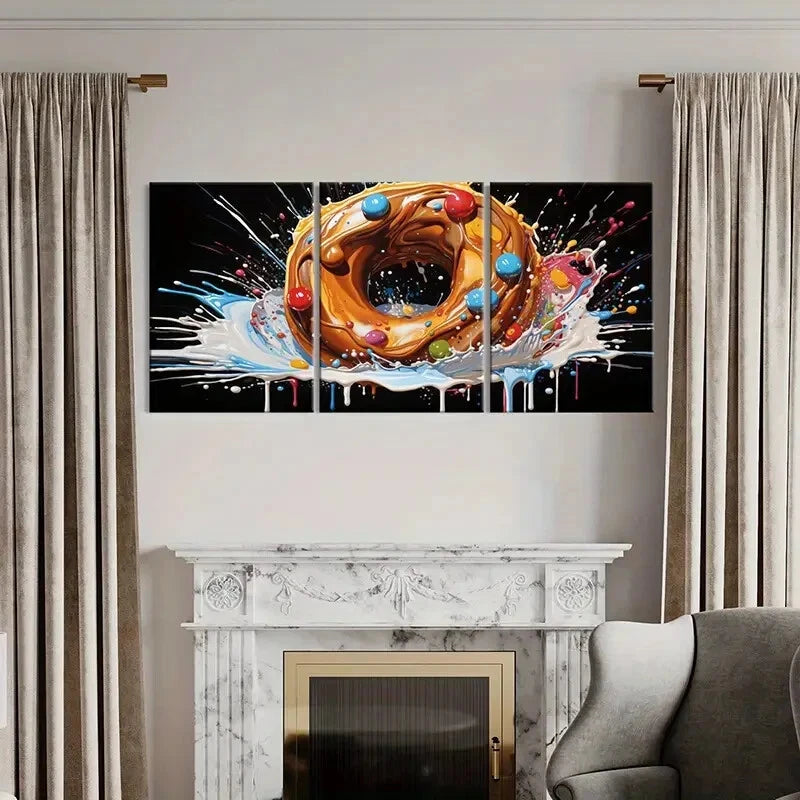 3pcs Creative Donut Art Colorful Splash Abstract Metal Print Ready to Hang Art - Bella Home Decor