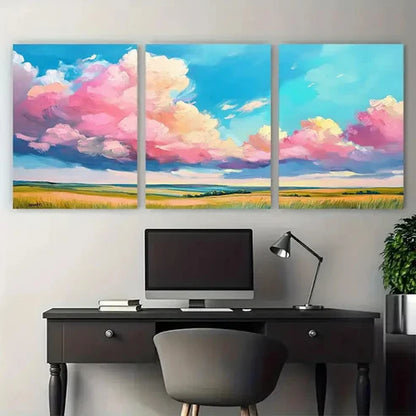 3pcs Vibrant Pink Clouds Landscape Blue Sky Wall Art Canvas Unframed - High Quality Print 100% Australian Made Wall Canvas