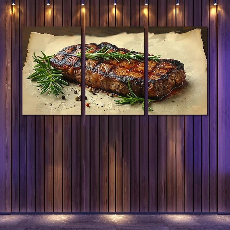 3pcs Steak with Rosemary Sprigs & Peppercorns Metal Print Ready to Hang Art