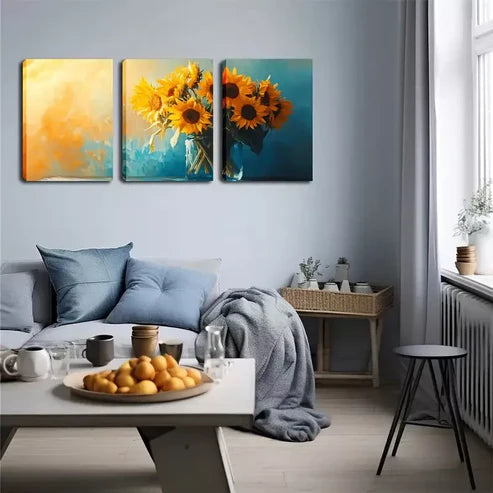 3pcs Sunflowers in Glass Vases Wall Art Canvas Unframed - High Quality Print 100% Australian Made Wall Canvas