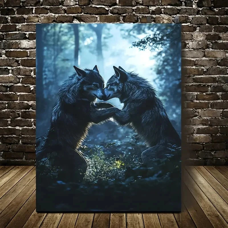 Wolf Wrestling in Magical Forest Painting 40x60cm Metal Print Ready to Hang - Bella Home Decor