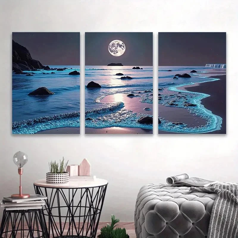 3pcs Moonlit Beach Scene With Glowing Waves Wall Art Set Canvas Framed 40x60cm - High Quality Print 100% Australian Made Wall Canvas Ready to Hang