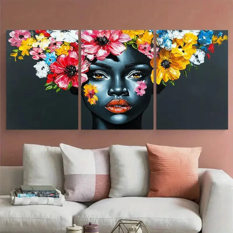 3pcs Floral Painting African Lady Portrait Black Wall Art Set Canvas Framed 60x90cm - High Quality Print 100% Australian Made Wall Canvas Ready to Hang