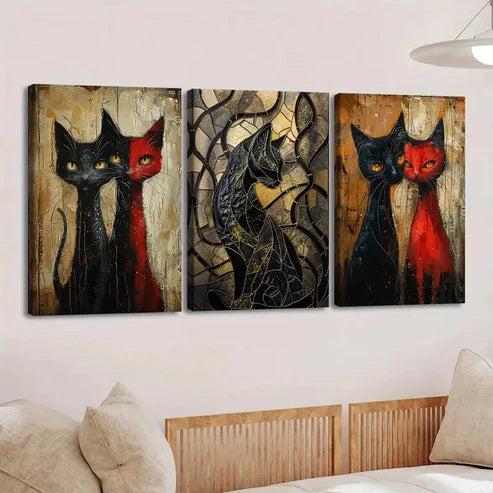 3pcs Various Animals Cats Black Red Black Lines Wall Art Set Canvas Unframed - High Quality Print 100% Australian Made Wall Canvas