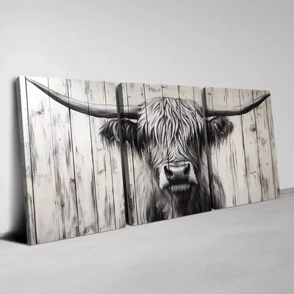 3pcs Friendly Vintage Style Highland Cattle Wall Art Set Canvas Framed 50x70cm - High Quality Print 100% Australian Made Wall Canvas Ready to Hang