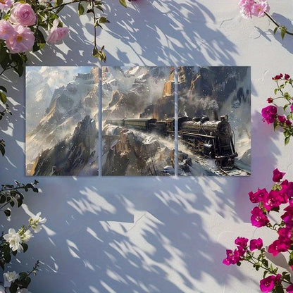 3pcs Steam Train with Black and Green Colors Metal Print Ready to Hang Art