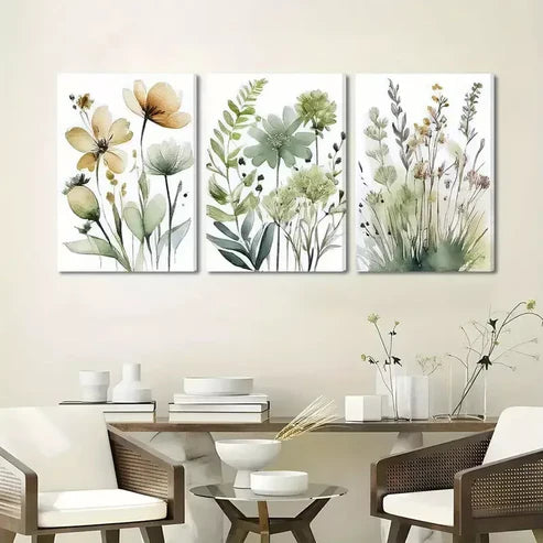 3pcs Green Boho Floral Wall Art Set Canvas Unframed - High Quality Print 100% Australian Made Wall Canvas