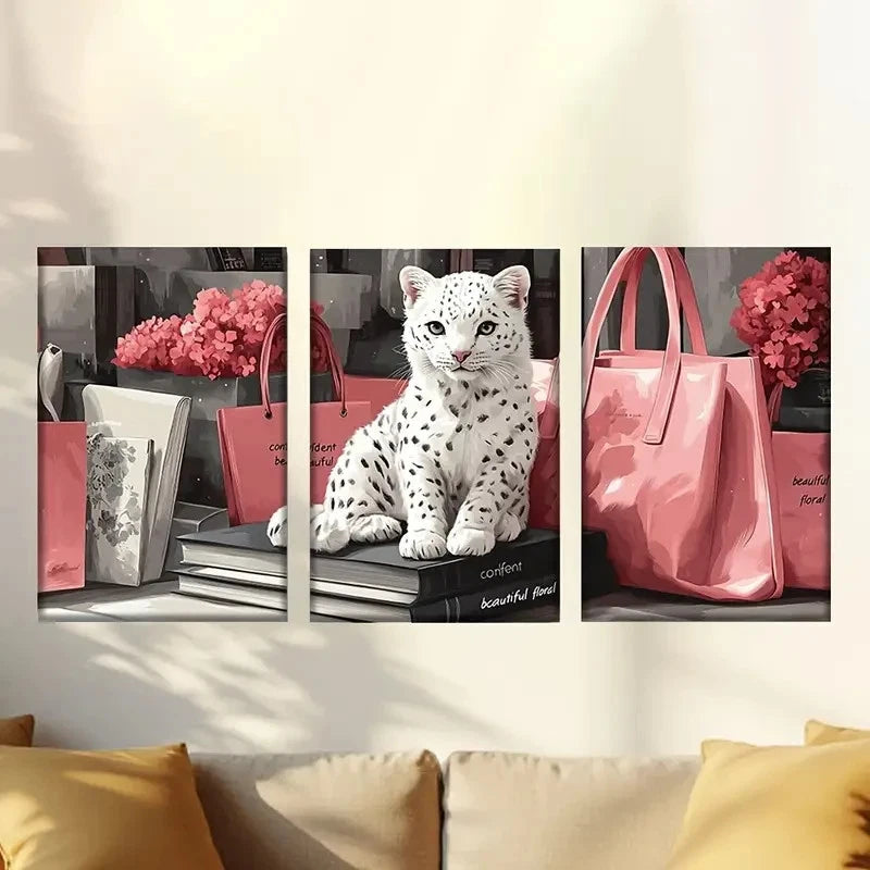 3pcs Charming leopards and stylish luxury goods Wall Art Set Canvas Framed 40x60cm - High Quality Print 100% Australian Made Wall Canvas Ready to Hang - Bella Home Decor