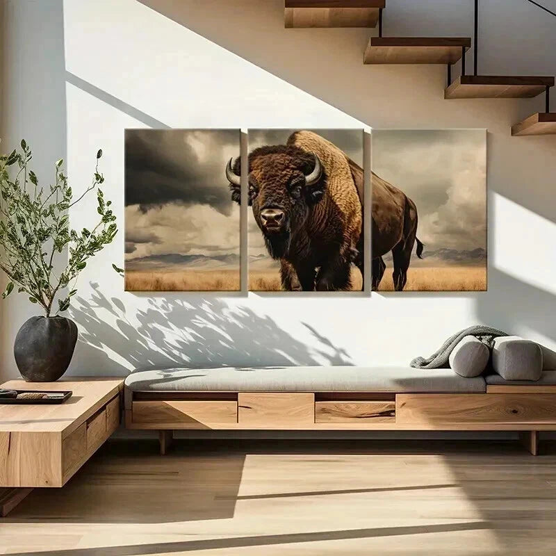 3pcs Majestic Wildlife Bison Prairie Wall Art Set Canvas Framed 50x70cm - High Quality Print 100% Australian Made Wall Canvas Ready to Hang - Bella Home Decor