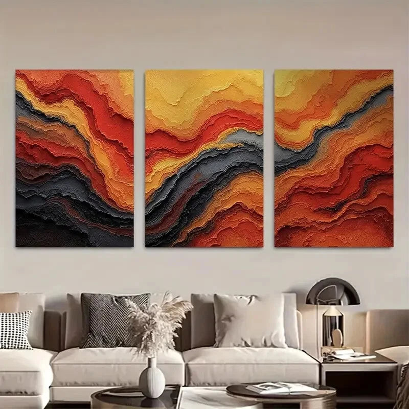 3pcs Vibrant Red Orange & Black Lava Flow Design Metal Print Ready to Hang Art - Bella Home Decor