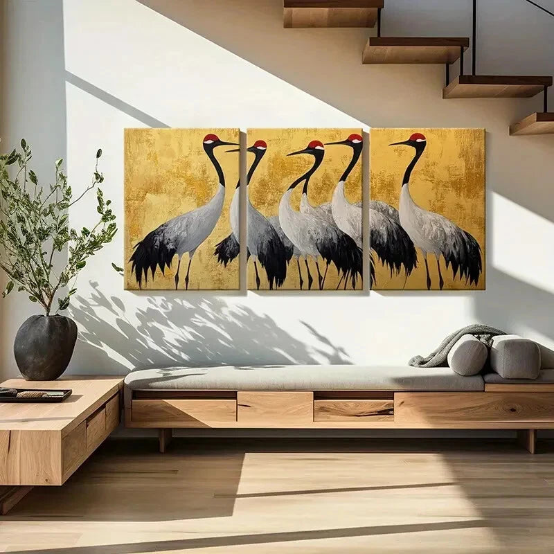 3pcs Elegant Cranes Golden Background Metal Print Ready to Hang Art - Bella Home Decor