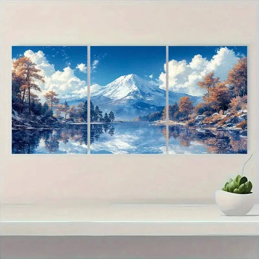 3pcs Snowy Mount Fuji & Autumn Forest Scenes Metal Print Ready to Hang Art