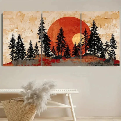 3pcs Sun Over Forest Japanese Earth Tones Wall Art Set Canvas Framed 40x60cm - High Quality Print 100% Australian Made Wall Canvas Ready to Hang