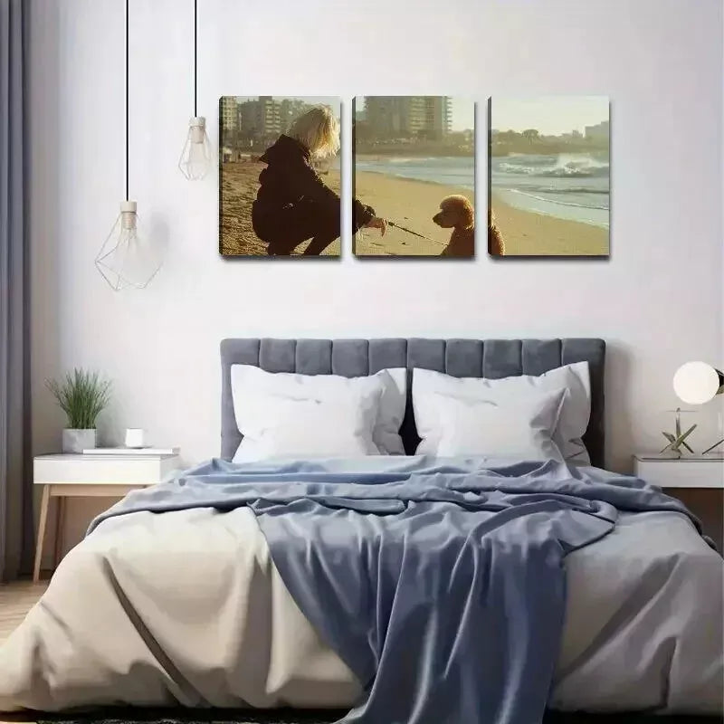 3pcs Woman With Dog In Sea & City View Wall Art Set Canvas Framed 50x70cm - High Quality Print 100% Australian Made Wall Canvas Ready to Hang
