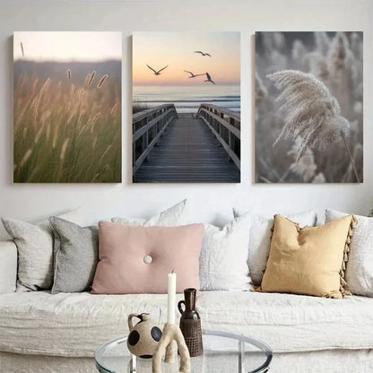 3pcs Serene Beach Path, Dune Grass Wall Art Set Canvas Framed 50x70cm - High Quality Print 100% Australian Made Wall Canvas Ready to Hang