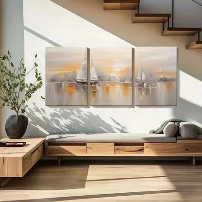 3pcs Abstract Golden Hour Sailing Ships Metal Print Ready to Hang Art - Bella Home Decor