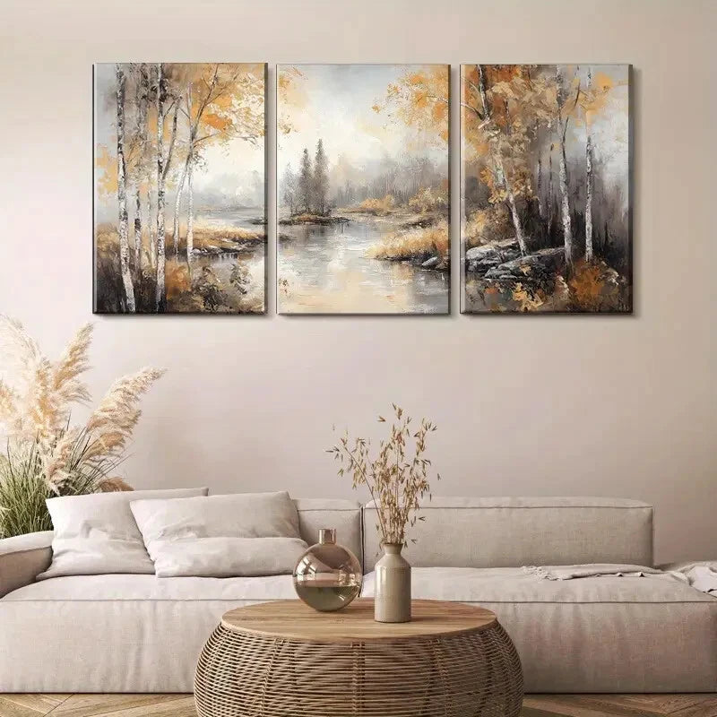 3pcs Autumn Forest Landscape Serene Birch Trees Metal Print Ready to Hang Art