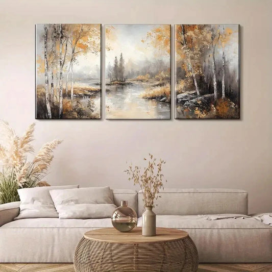 3pcs Autumn Forest Landscape Serene Birch Trees Metal Print Ready to Hang Art