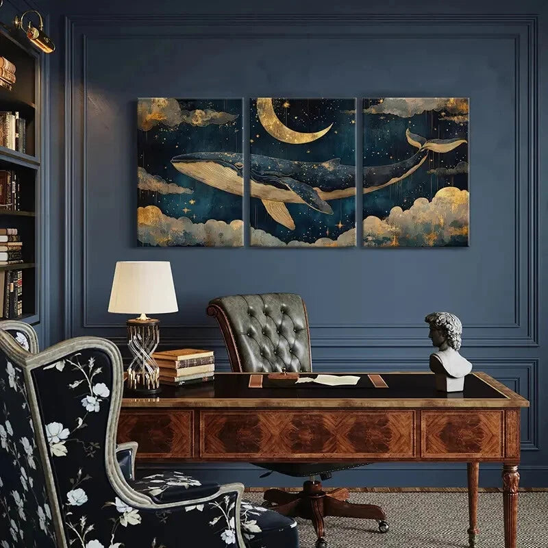 3pcs Whale Dream Sky Moon Stars Clouds Night Art Metal Print Ready to Hang Art - Bella Home Decor