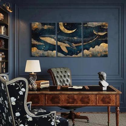 3pcs Whale Dream Sky Moon Stars Clouds Night Art Metal Print Ready to Hang Art - Bella Home Decor
