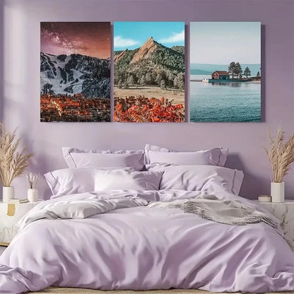 3pcs Vibrant Mountain & Lake Scenery Metal Print Ready to Hang Art