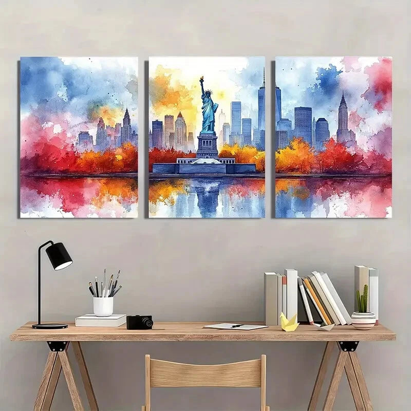 3pcs Statue of Liberty Watercolor Print Metal Print Ready to Hang Art - Bella Home Decor