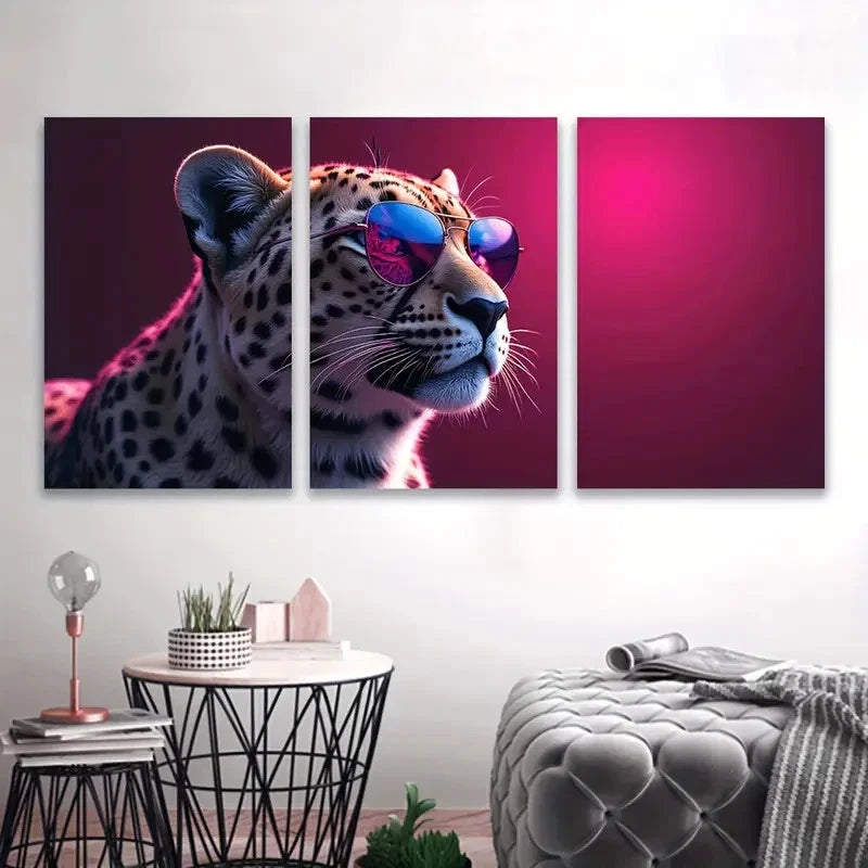 3pcs Leopards Wear Glasses Wall Art Set Canvas Framed 50x70cm - High Quality Print 100% Australian Made Wall Canvas Ready to Hang