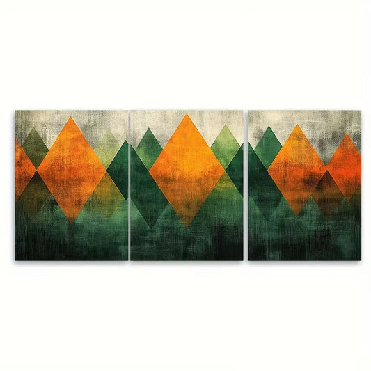 3pcs Geometric Abstract Green Orange Pattern Metal Print Ready to Hang Art