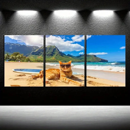 3pcs Charming Cat Surfing on a Surfboard in Bali Metal Print Ready to Hang Art - Bella Home Decor