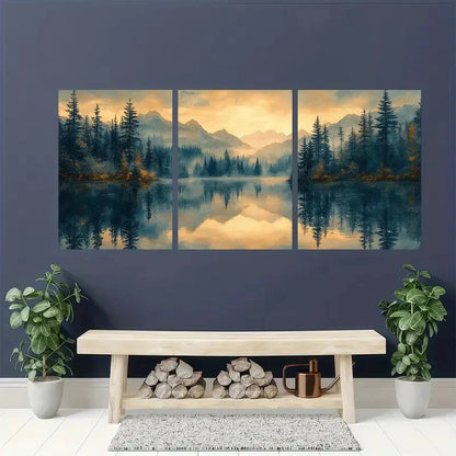 3pcs Misty Forest Reflection Landscape Metal Print Ready to Hang Art - Bella Home Decor